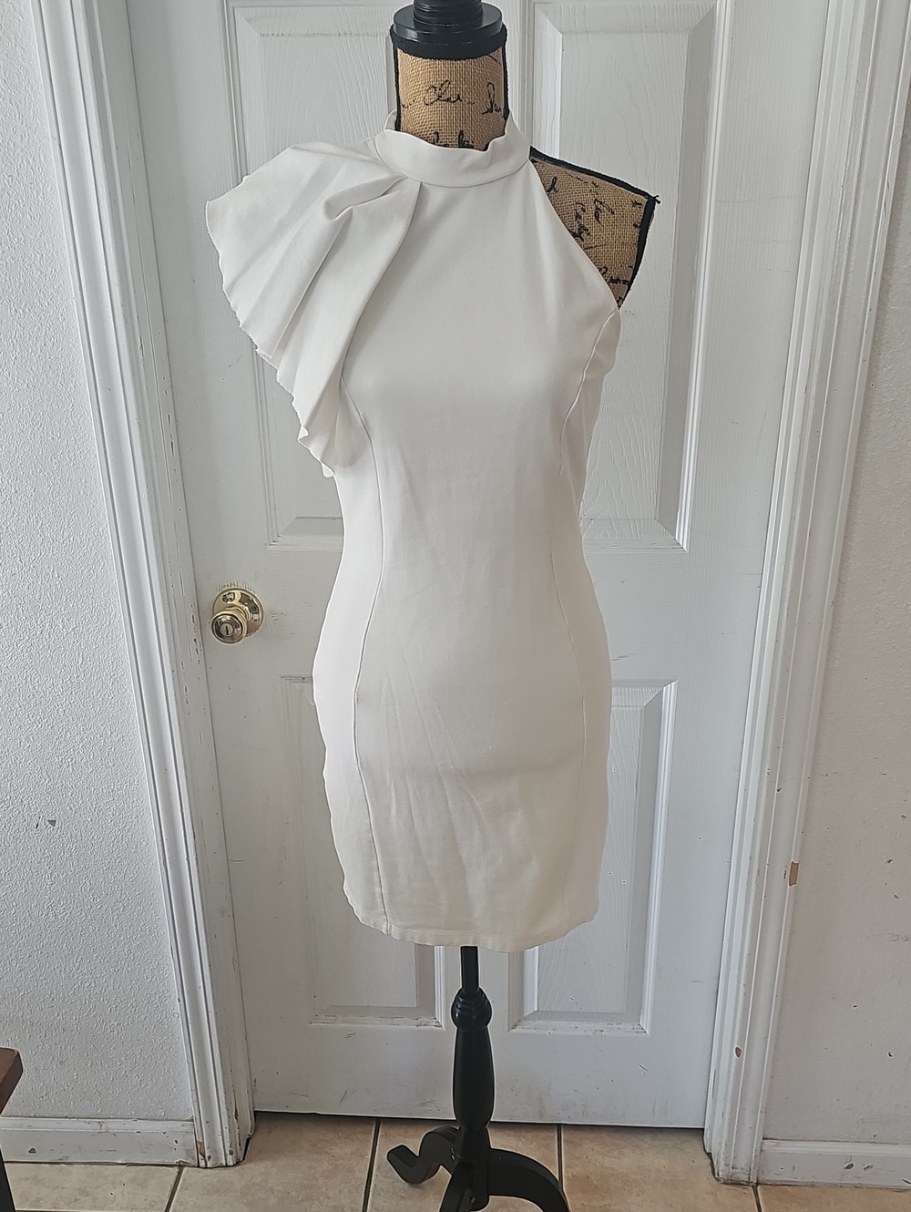 Lulu's White One-Shoulder Ruffle Sheath Dress